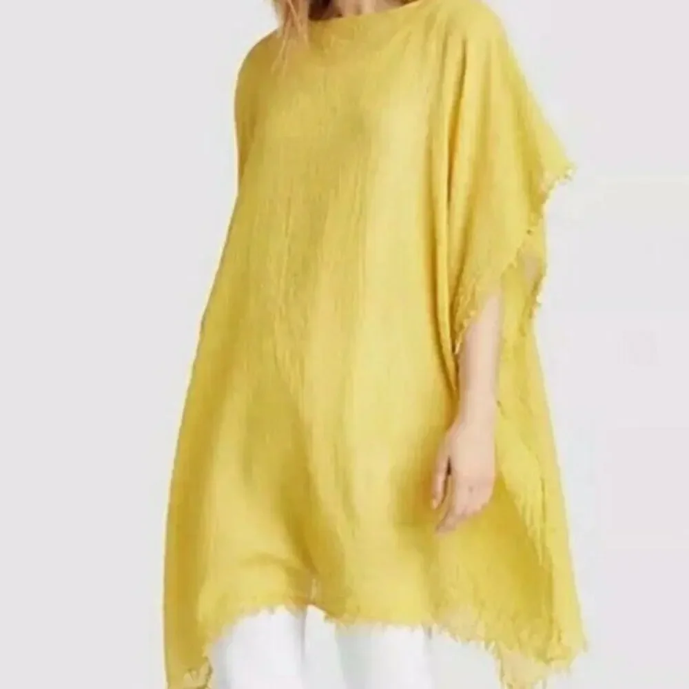 Eileen Fisher Yarow Lightweight Organic Cotton Poncho Yellow Frayed Edges OS